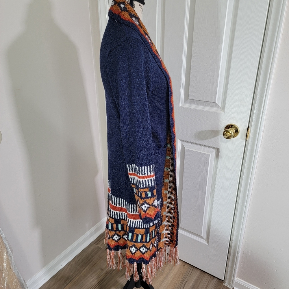 Tassel Hem Open Front Duster (Navy, Brick Red) Women's size Medium Pockets - Picture 9 of 15